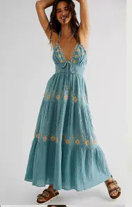 Elegant V-Neck Sleeveless Embroidered Cotton Dress