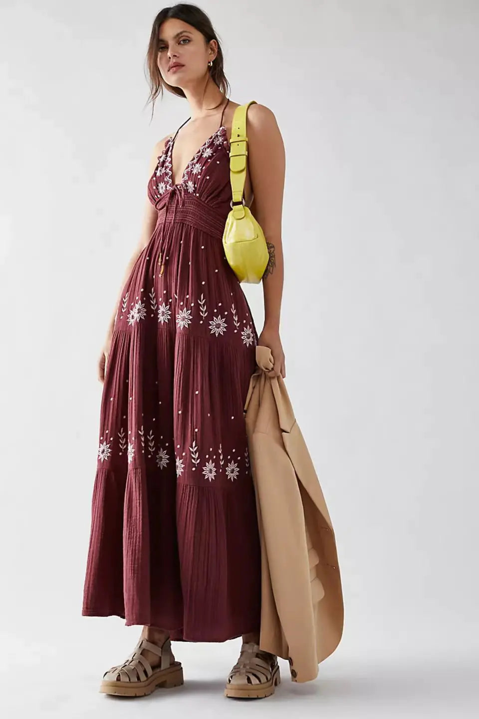 Elegant V-Neck Sleeveless Embroidered Cotton Dress