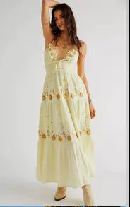 Elegant V-Neck Sleeveless Embroidered Cotton Dress