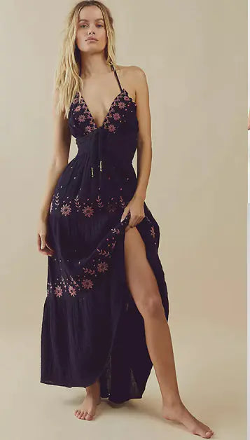 Elegant V-Neck Sleeveless Embroidered Cotton Dress