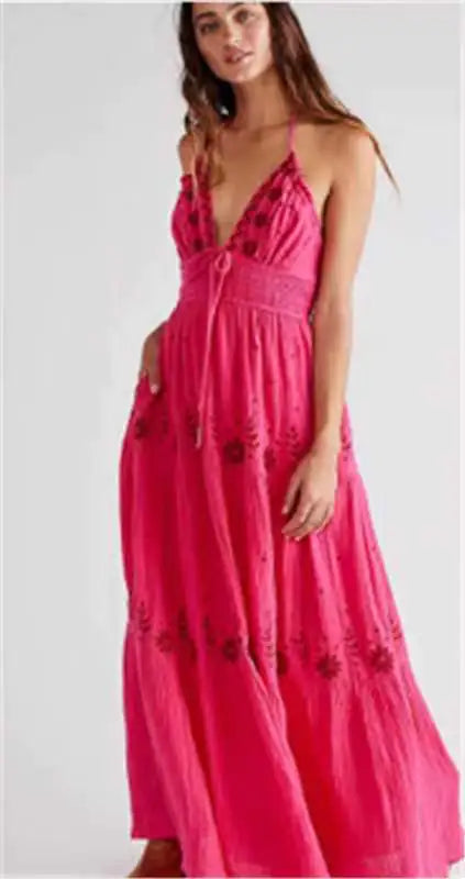 Elegant V-Neck Sleeveless Embroidered Cotton Dress